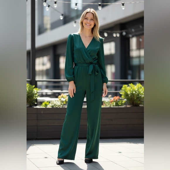 NORDSTROM Chic Satin Forest Green Wrap Jumpsuit SZ S - Picture 1 of 11